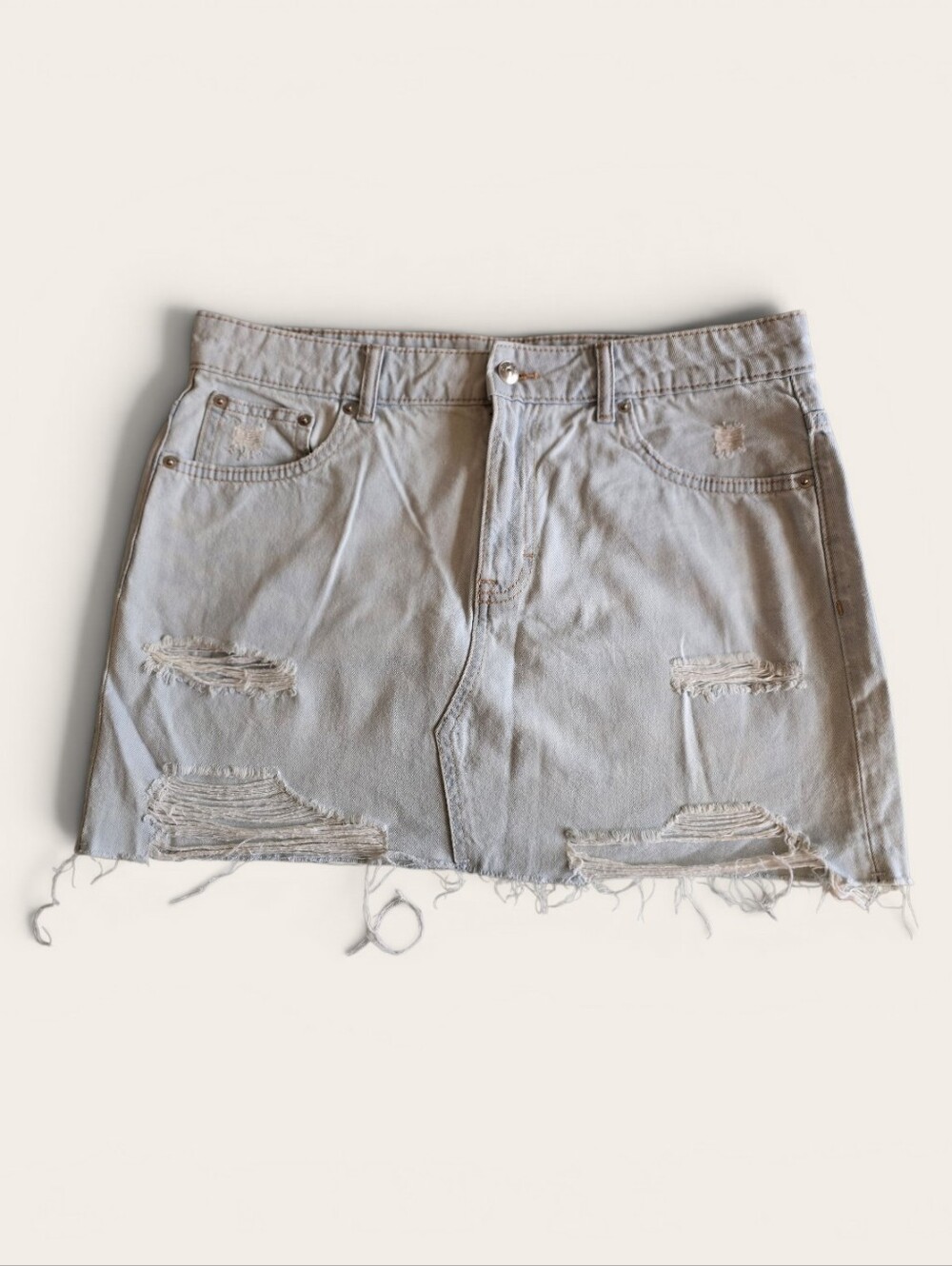 H&M Divided Distressed Light Wash Denim Skirt - Frayed Hem, Ripped Details